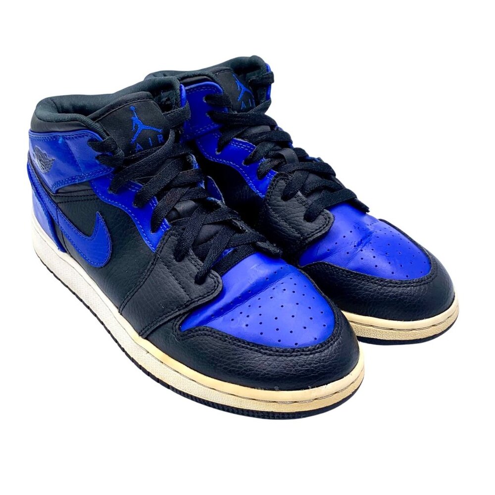 Nike Air Jordan 1 Mid Royal Toe Sneakers Youth 6Y Black Blue Leather Lace-Up